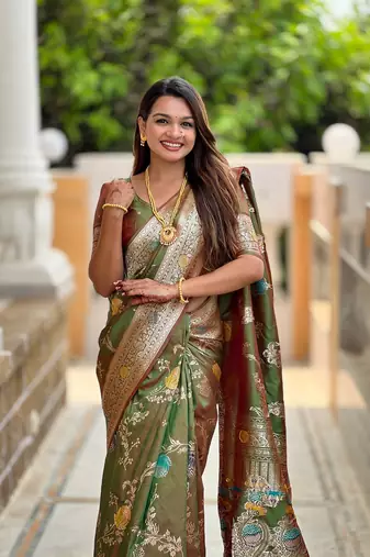 Mehendi soft banarasi silk blend meenakari weaving saree with unstitched blouse