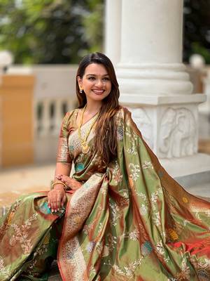 Mehendi soft banarasi silk blend meenakari weaving saree with unstitched blouse 5