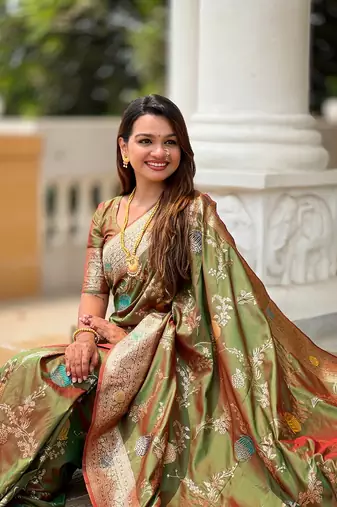 Mehendi soft banarasi silk blend meenakari weaving saree with unstitched blouse
