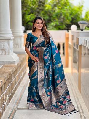 Teal soft banarasi silk blend meenakari weaving saree with unstitched blouse 1