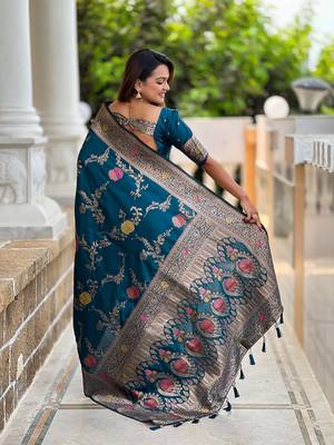 Teal soft banarasi silk blend meenakari weaving saree with unstitched blouse 2