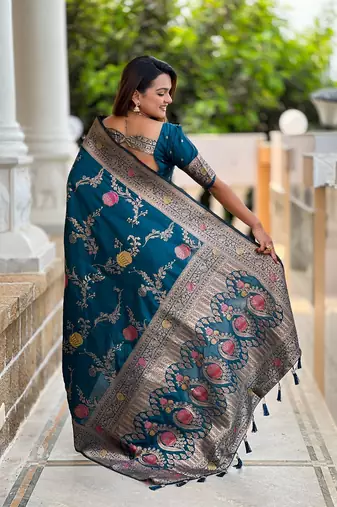 Teal soft banarasi silk blend meenakari weaving saree with unstitched blouse