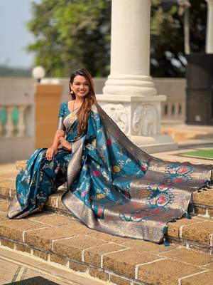 Teal soft banarasi silk blend meenakari weaving saree with unstitched blouse 3
