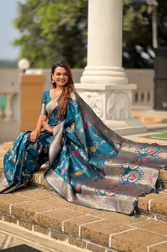 Teal soft banarasi silk blend meenakari weaving saree with unstitched blouse