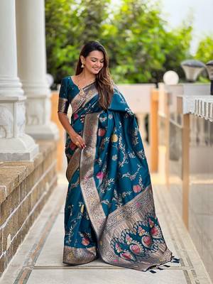 Teal soft banarasi silk blend meenakari weaving saree with unstitched blouse 4