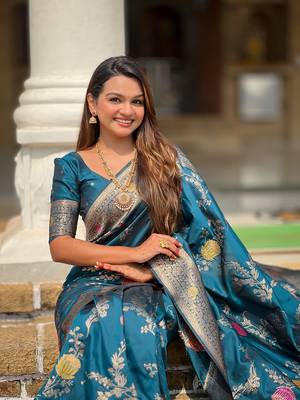Teal soft banarasi silk blend meenakari weaving saree with unstitched blouse 5