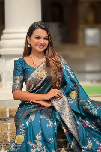 Teal soft banarasi silk blend meenakari weaving saree with unstitched blouse