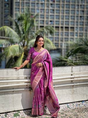 Onion soft banarasi silk blend meenakari weaving saree with unstitched blouse 1