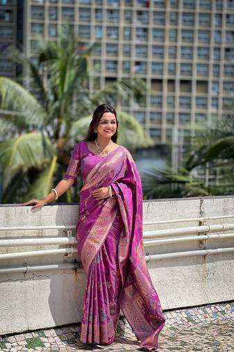 Onion soft banarasi silk blend meenakari weaving saree with unstitched blouse
