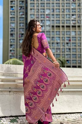 Onion soft banarasi silk blend meenakari weaving saree with unstitched blouse