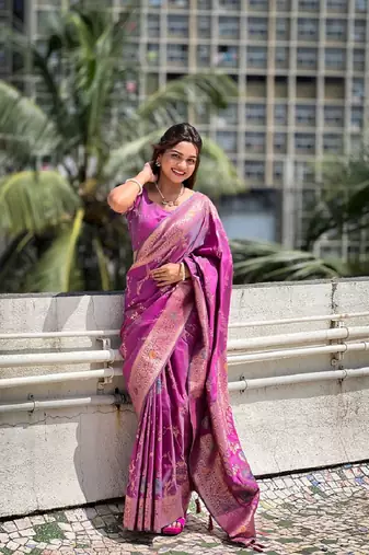 Onion soft banarasi silk blend meenakari weaving saree with unstitched blouse