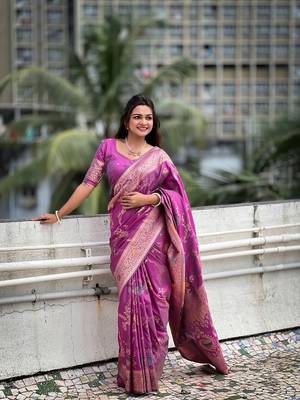 Onion soft banarasi silk blend meenakari weaving saree with unstitched blouse 4