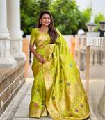 Perrot soft banarasi silk blend meenakari weaving saree with unstitched blouse