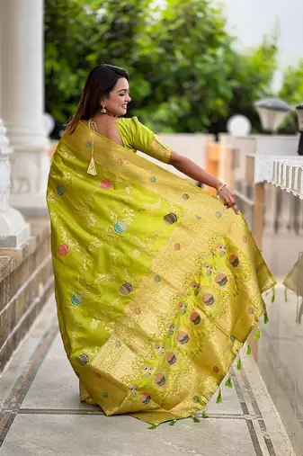 Perrot soft banarasi silk blend meenakari weaving saree with unstitched blouse