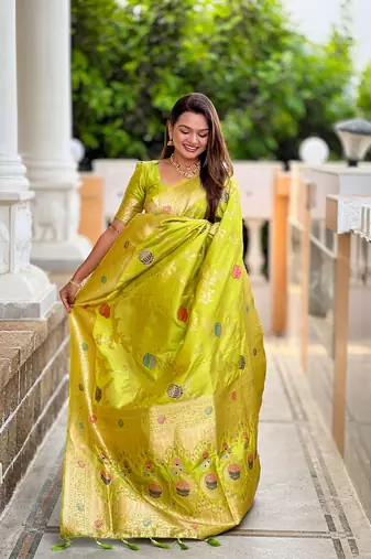 Perrot soft banarasi silk blend meenakari weaving saree with unstitched blouse