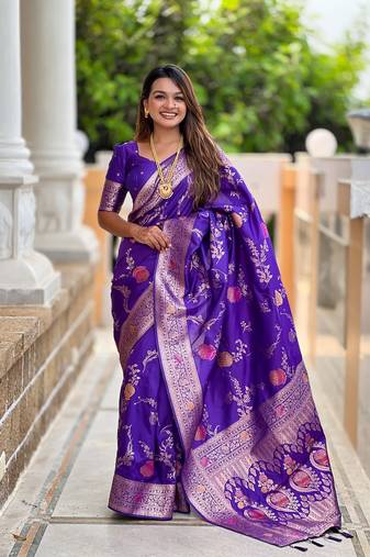Purple soft banarasi silk blend meenakari weaving saree with unstitched blouse