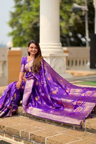 Purple soft banarasi silk blend meenakari weaving saree with unstitched blouse