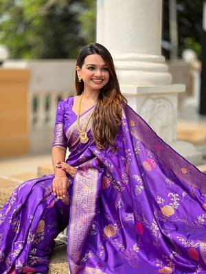 Purple soft banarasi silk blend meenakari weaving saree with unstitched blouse 4