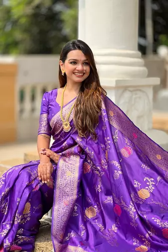 Purple soft banarasi silk blend meenakari weaving saree with unstitched blouse
