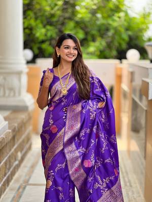 Purple soft banarasi silk blend meenakari weaving saree with unstitched blouse 5