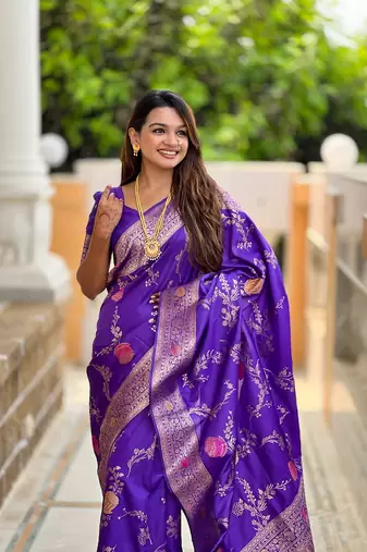 Purple soft banarasi silk blend meenakari weaving saree with unstitched blouse
