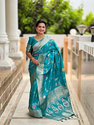 Firozi soft banarasi silk blend meenakari weaving saree with unstitched blouse 1