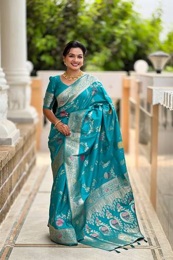 Firozi soft banarasi silk blend meenakari weaving saree with unstitched blouse