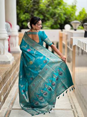 Firozi soft banarasi silk blend meenakari weaving saree with unstitched blouse 2