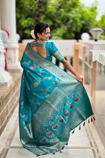 Firozi soft banarasi silk blend meenakari weaving saree with unstitched blouse