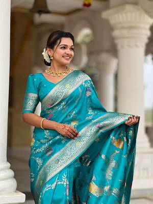 Firozi soft banarasi silk blend meenakari weaving saree with unstitched blouse 4