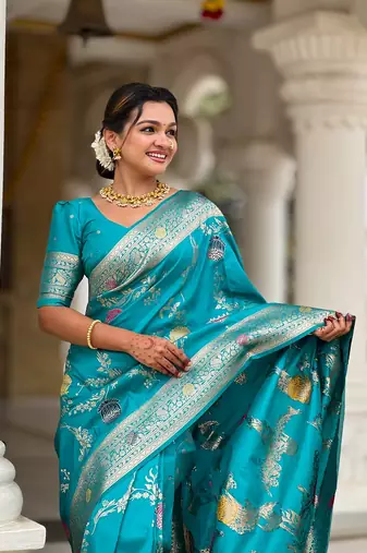 Firozi soft banarasi silk blend meenakari weaving saree with unstitched blouse