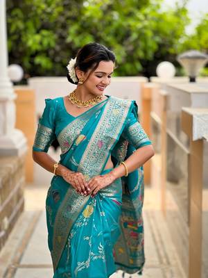 Firozi soft banarasi silk blend meenakari weaving saree with unstitched blouse 5
