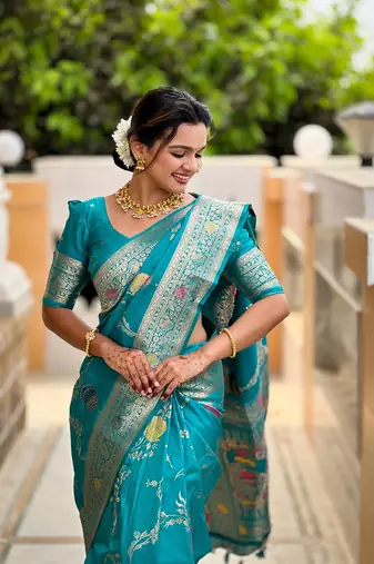 Firozi soft banarasi silk blend meenakari weaving saree with unstitched blouse