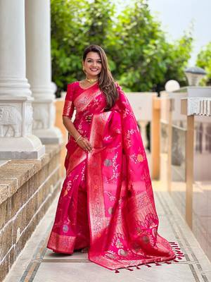 Ranipink soft banarasi silk blend meenakari weaving saree with unstitched blouse 1