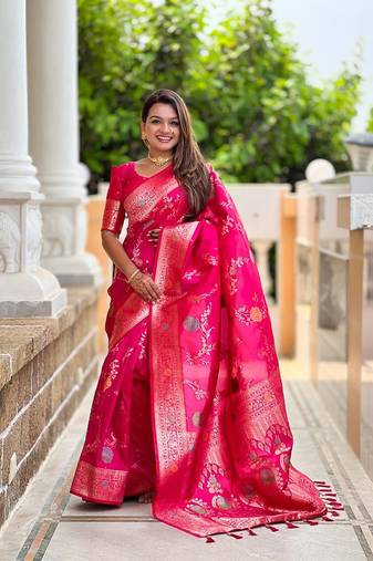 Ranipink soft banarasi silk blend meenakari weaving saree with unstitched blouse