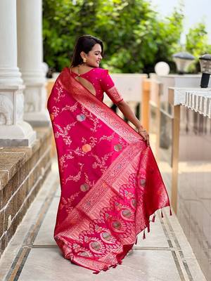 Ranipink soft banarasi silk blend meenakari weaving saree with unstitched blouse 2