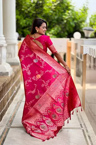 Ranipink soft banarasi silk blend meenakari weaving saree with unstitched blouse
