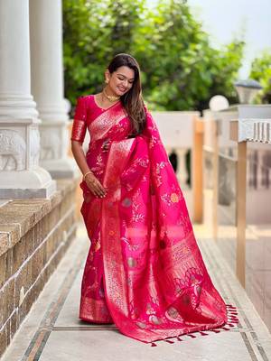 Ranipink soft banarasi silk blend meenakari weaving saree with unstitched blouse 3