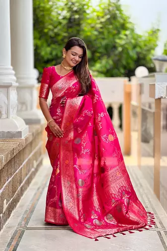 Ranipink soft banarasi silk blend meenakari weaving saree with unstitched blouse