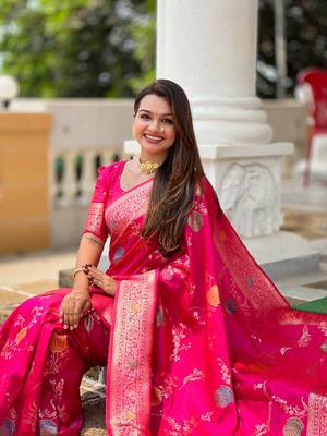 Ranipink soft banarasi silk blend meenakari weaving saree with unstitched blouse 4