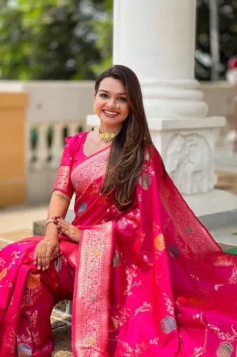 Ranipink soft banarasi silk blend meenakari weaving saree with unstitched blouse