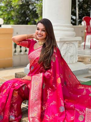 Ranipink soft banarasi silk blend meenakari weaving saree with unstitched blouse 5