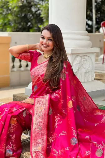 Ranipink soft banarasi silk blend meenakari weaving saree with unstitched blouse