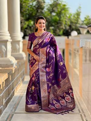 Wine soft banarasi silk blend meenakari weaving saree with unstitched blouse 1