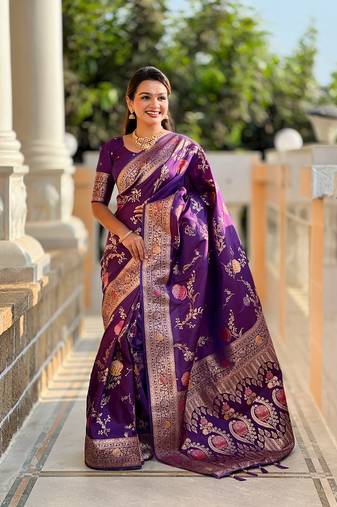 Wine soft banarasi silk blend meenakari weaving saree with unstitched blouse