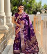 Wine soft banarasi silk blend meenakari weaving saree with unstitched blouse