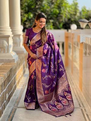 Wine soft banarasi silk blend meenakari weaving saree with unstitched blouse 2