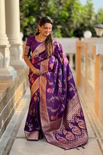 Wine soft banarasi silk blend meenakari weaving saree with unstitched blouse