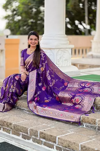 Wine soft banarasi silk blend meenakari weaving saree with unstitched blouse