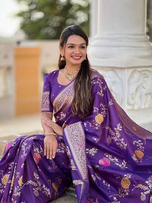 Wine soft banarasi silk blend meenakari weaving saree with unstitched blouse 5